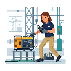 A female technician in a blue polo and khaki pants uses a handheld device to inspect a yellow portable generator in an industrial facility. © Alika