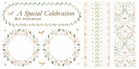 soft pastel floral invitation cards with watercolor patterns wreath art special celebration colors style pattern design card set wedding invitations party event greeting © Rekha