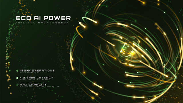 Premium Green Dot And Gold Glow Particle Sphere Swirl Futuristic Abstract Background Shows Smart Eco AI Power Core Idea For Modern Digital Tech Environment Business Innovation.
