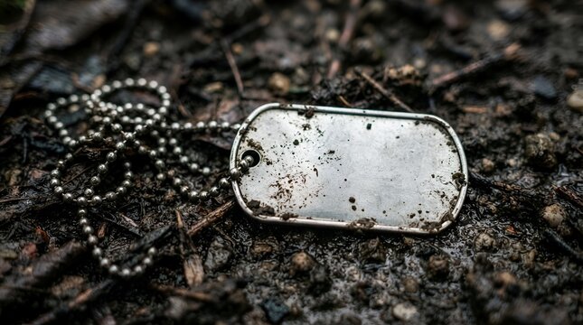 Dirty military dog tag on a silver chain lying on dark wet mud and forest floor debris representing war, loss, and soldiers in the battlefield