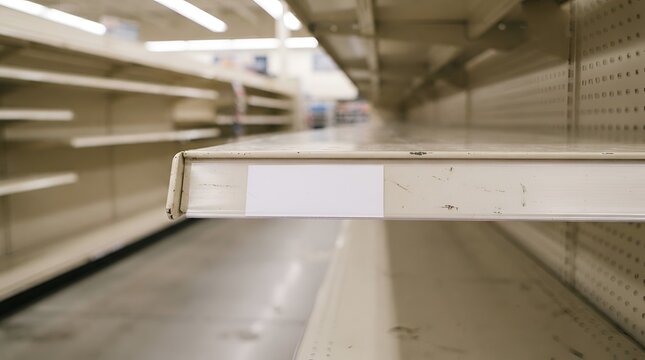 Empty supermarket shelves with a blank white label on the edge, showing a lack of products in a retail store aisle during a supply shortage