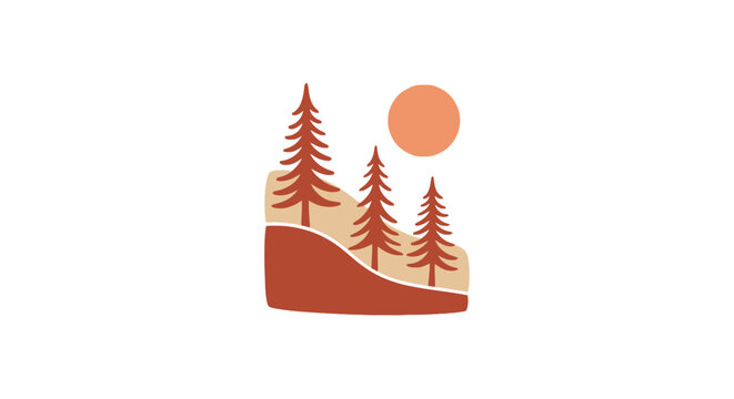 Minimalist forest landscape with pine trees and sun in earthy tones