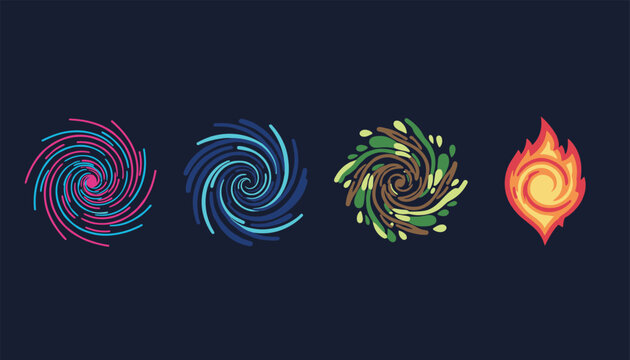 Set of four magic elements representing cosmic spiral, water vortex, forest wind, and burning fire on dark backdrop.