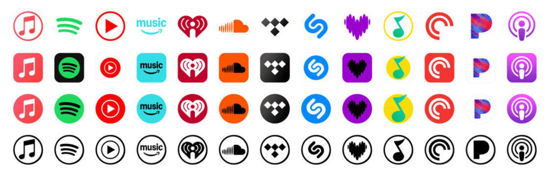 Popular music & Podcasts app icons collection. Apple music, Spotify, Youtube, Deezer, Soundcloud, Tidal, iHeart radio, Shazam, Amazon music, Pandora. Music streaming service, social media platform