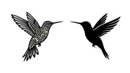 Fototapeta premium Ornamental Hummingbird Duo Silhouette and Detailed Floral Illustration Set for Creative Art Projects