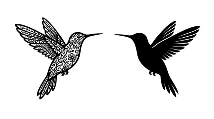 Fototapeta premium Two hummingbirds, one detailed and decorative, the other a solid silhouette, captured in flight against a white background, symbolizing contrast and nature's delicate beauty