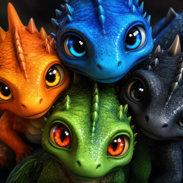 Cute colorful baby dragons gathered together with big shiny eyes