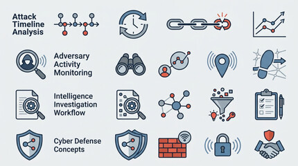 Cybersecurity Concepts and Threat Intelligence Icons Collection. © pramona