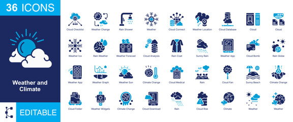 Obraz premium Weather Forecast solid icon set. Featuring rain, sunny, storm, snow, wind, temperature, umbrella, and rainbow. Solid vector illustration