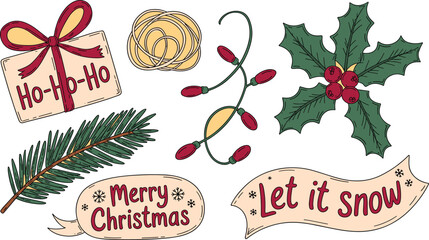 Festive christmas elements illustration with holly ribbon and seasonal greetings © MdSumon
