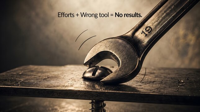 Adjustable wrench clamping nut on metal surface implying incorrect tool usage with large wrench tightening nut wooden board motivational quote