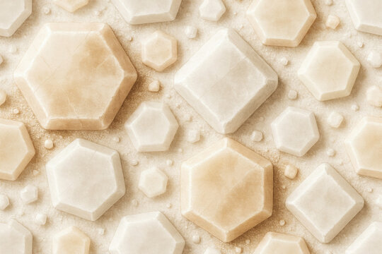 Seamless pattern featuring beige and cream hexagonal stone tiles with a textured surface, arranged in a geometric mosaic layout