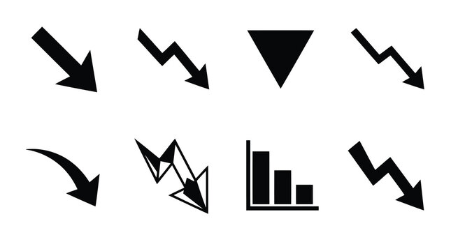 Black business chart and arrow icons on white