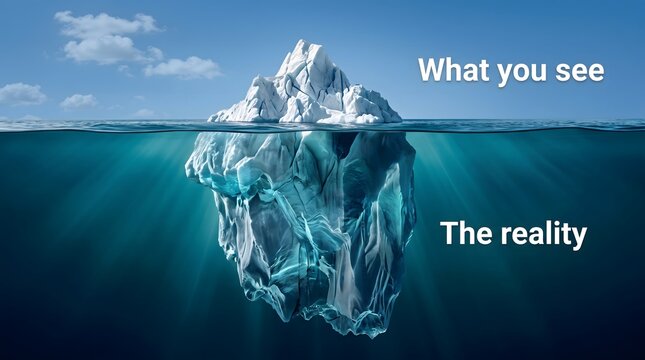 Iceberg metaphor illustrating hidden truths and perception versus reality concepts with depicts large glacier blue ocean water text overlay