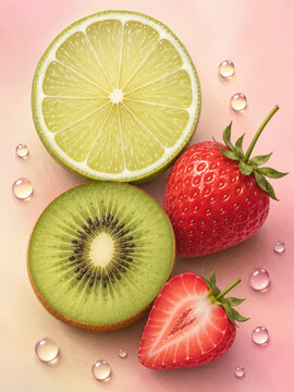 Fresh sliced lime kiwi and strawberry fruits with water drops on pink