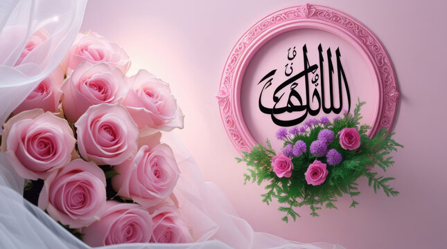 Beautiful pink roses bouquet with elegant Arabic calligraphy wall art frame