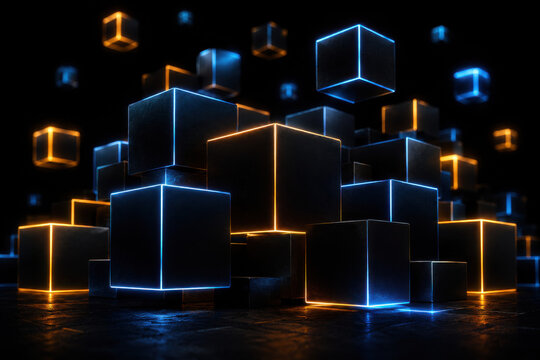 Abstract glowing cubes with blue and orange light in dark space