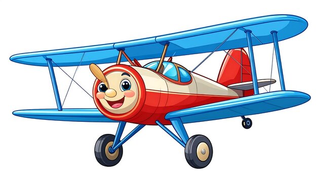Cartoon airplane with happy face flying in sky.