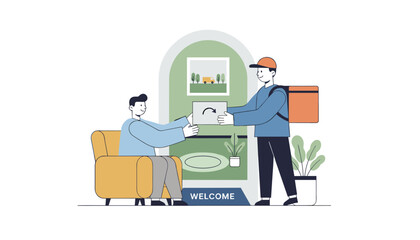 Fototapeta premium Professional delivery man handing over a tablet with a return arrow to a man sitting comfortably on an armchair.
