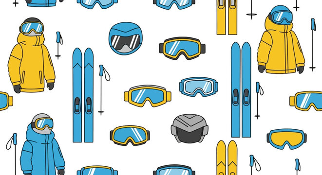 Winter sports gear seamless pattern with skis and goggles