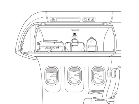 Airplane cabin interior with open overhead bin luggage windows and seat.