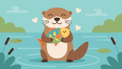 Fototapeta premium Adorable cartoon otter smiling and hugging a colorful fish while standing in a quiet pond with floating hearts.