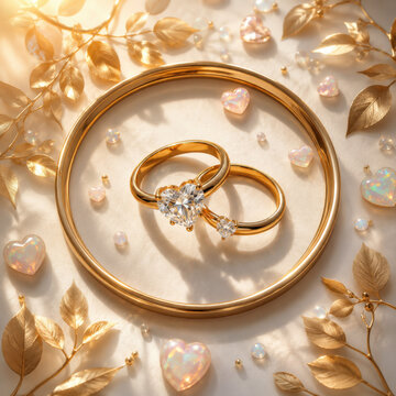 Two elegant gold wedding rings with diamonds on a white background