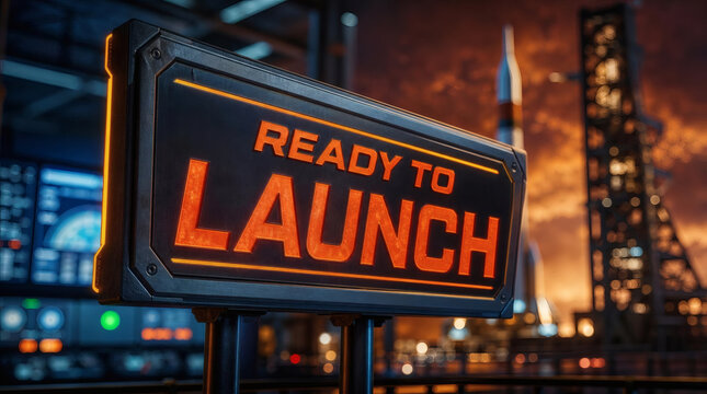 ready to launch sign metallic bold font launchpad control room shallow depth high contrast lighting deep blue fiery orange anticipation excitement center stage low angle grandeur high end camera resol