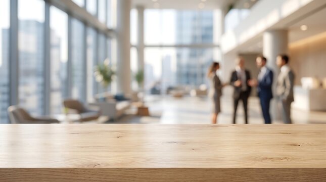 Empty wooden table surface for product display in blurred corporate office lobby with professional business team work.