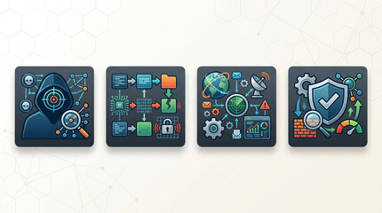Cybersecurity concept icons displayed on digital screens representing data protection and network security. © Pono