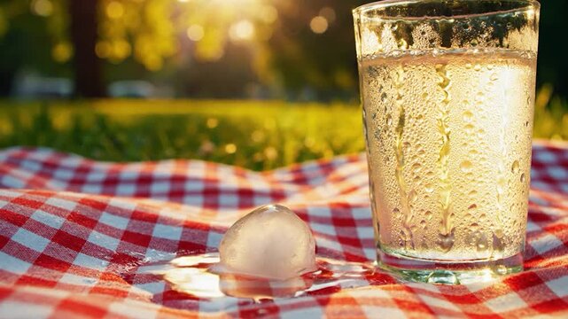 A cold glass of refreshing water sits on a checkered picnic blanket