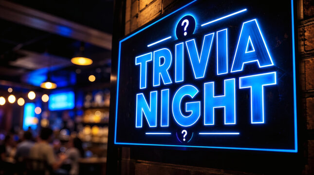 electric blue trivia night sign competitive fun bold typography shallow depth of field nightlife entertainment concept vibrant event poster thrilling game night
