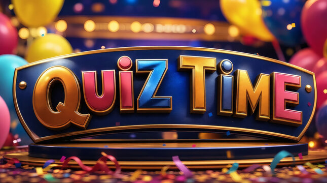 vibrant quiz time sign with metallic letters confetti and balloons fun competition banner for quiz events team trivia night or party advertising