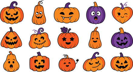 Fototapeta premium Happy cartoon jack o lantern faces collection