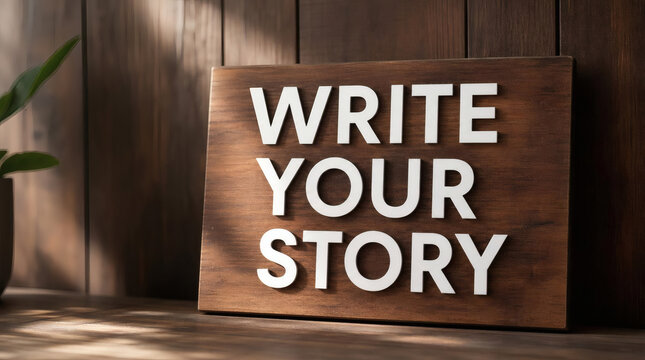 elegant write your story wooden sign inspirational creativity typography modern minimalist motivational decor high contrast light shadow sophisticated
