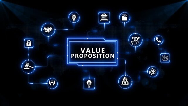 Value Proposition Technology Dashboard with Intelligent Enterprise Strategy and Digital Business Innovation on Dark Blue Background