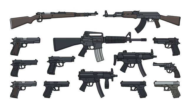 Set of tactical firearms including rifles pistols and submachine guns vector illustration
