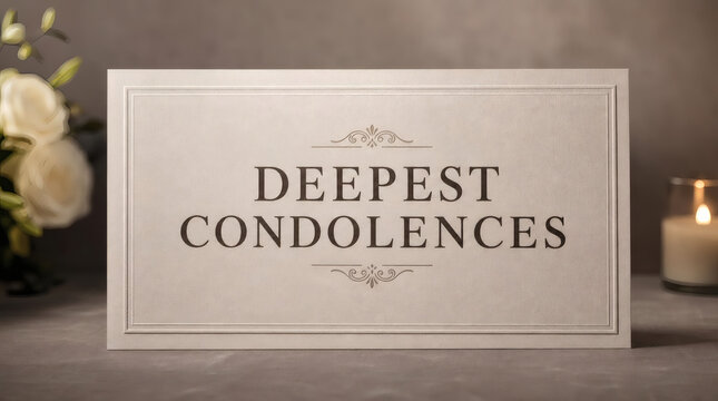elegant deepest condolences sign bold serif typography neutral background somber reflective sympathy memorial image respectful condolence card subtle texture overlay shallow depth of field soft natura