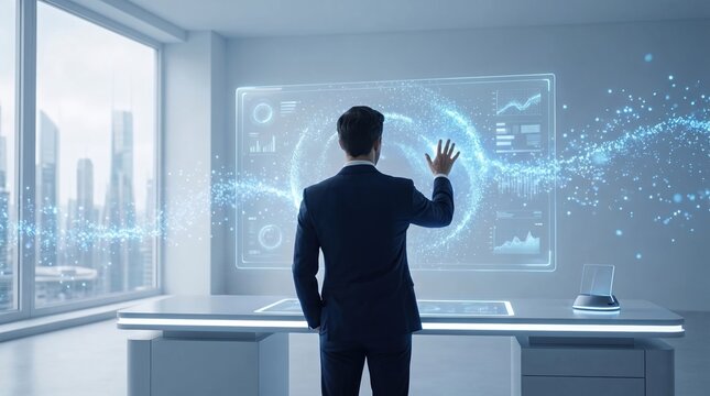 A businessman in a suit standing in a modern office, interacting with a floating holographic digital interface displaying data, analytics, and glowing particles.