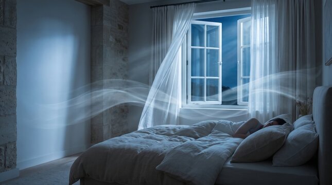 A serene bedroom at night with a gentle breeze blowing through an open window, creating a peaceful atmosphere as a person sleeps comfortably in bed.