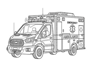 Detailed line art drawing of a modern emergency ambulance vehicle. © ArtNote
