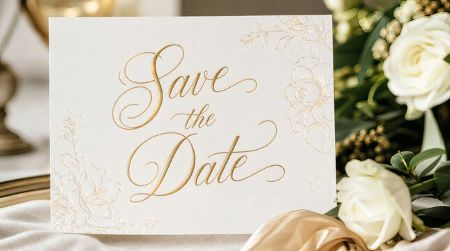 elegant save the date sign with gold cursive lettering on cream background soft natural light shallow depth of field wedding invitation photography warm sophisticated floral design romantic stationery