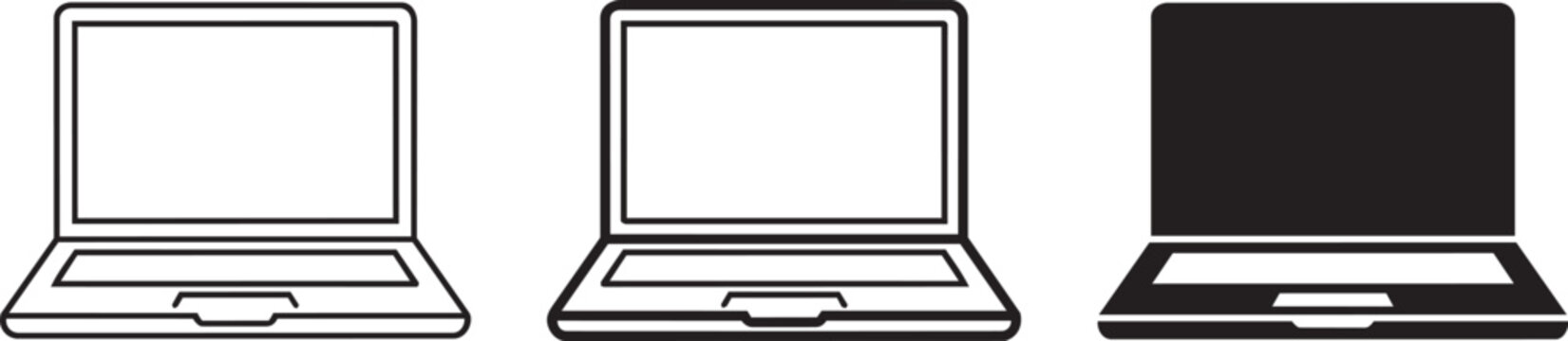 Set of laptop icons, computer notebook symbols in different styles, outline and solid black laptop silhouettes, vector illustration. Set vector.