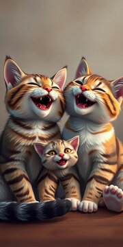Whimsical cat duo sharing a laugh with a mischievous feline friend, humor, ||feline friends