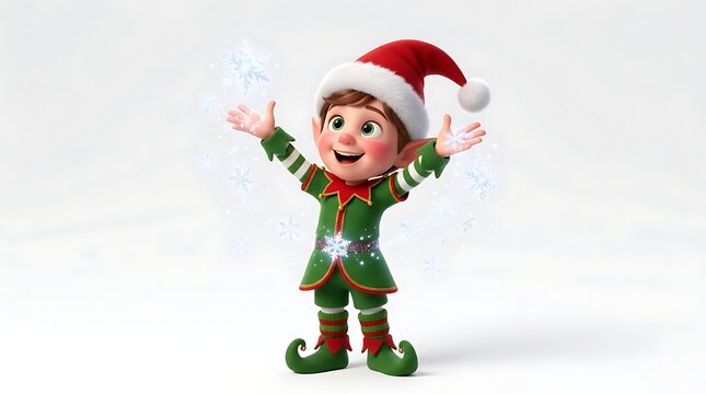 Merry christmas adorable elf spreading holiday cheer with falling snowflakes