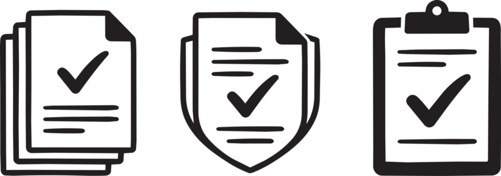 Set of document verification icons, clipboard, shield with check mark, stack of papers, approved file, business compliance, vector illustration. Set vector.