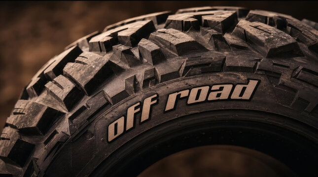 aggressive off road tire close up with bold text overlay rugged dirt tire with deep tread pattern in earthy tones dramatic shallow depth of field soft gradient lighting for extreme terrain suv and tru