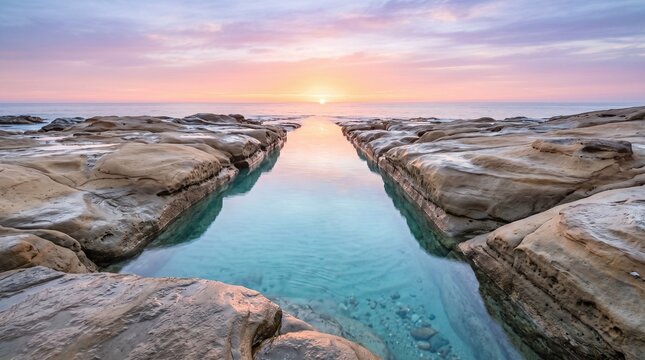 Ocean sunset over calm natural rock pools with colorful sky and reflected light
