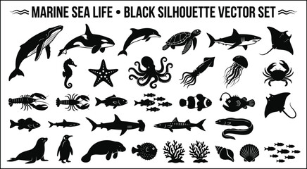 Obraz premium Marine sea life black silhouette vector set featuring whale dolphin shark turtle octopus seahorse jellyfish crab underwater animals isolated on white background