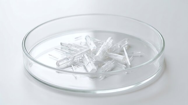 Clear chemical crystals inside a glass petri dish for scientific research and medical laboratory testing. allantoin